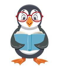 Cute Cartoon Penguin Wearing Round Glasses Sitting Down and Deeply Focused on Reading an Important Novel or Text