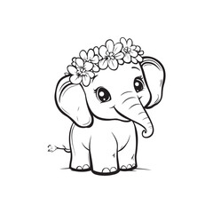 Cute Baby Elephant with Flower Crown | Kawaii Animal Line Art