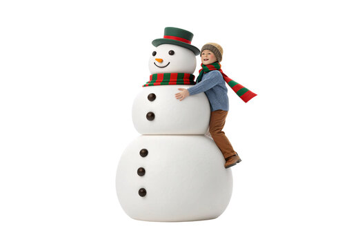 Child hugging large snowman wearing top hat and red-green striped scarf, isolated on a transparent background