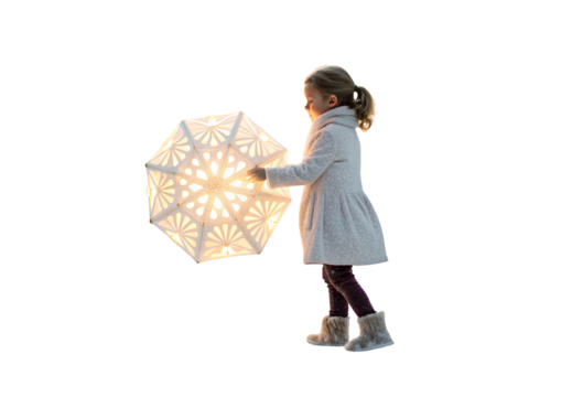 Young girl holding illuminated geometric patterned umbrella wearing gray dress and boots, isolated on a transparent background - Powered by Adobe
