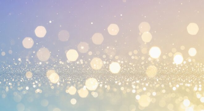 Soft, shimmering bokeh lights with glitter dust creating a serene, festive pastel background