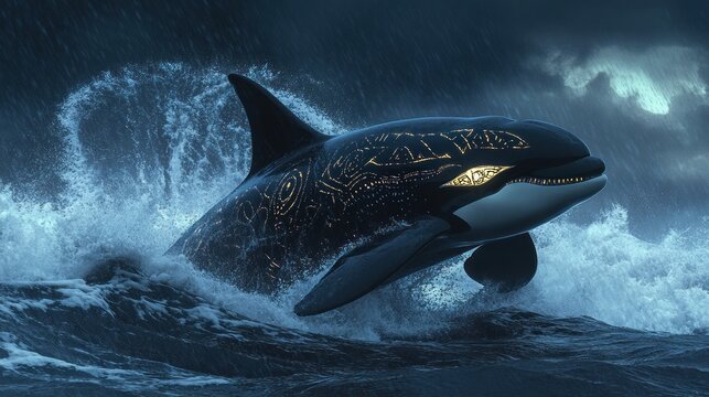 Powerful orca, surging through stormy seas, adorned with mystic symbols - Powered by Adobe