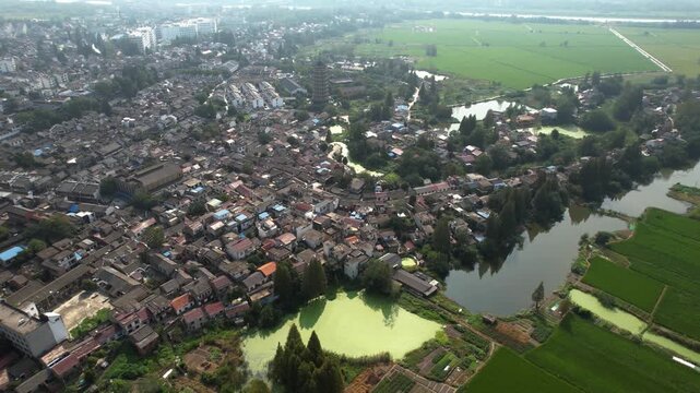 Aerial View of Sanhe Ancient Town Near Hefei China Historic Cultural Village with Traditional Architecture and Scenic Waterways