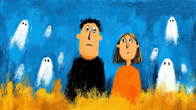 Two characters watch ghostly figures in a colorful landscape at twilight, evoking feelings of curiosity and wonder