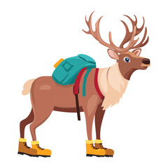 Strong Reindeer Mascot Standing Upright Wearing a Brown Backpack and Warm Boots Ready for an Exciting Winter Expedition