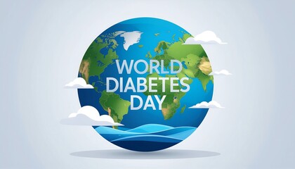 World Diabetes Day Globe Illustration with Clouds and Waves