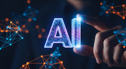 Glowing AI letters, circuit-board textured, are shown being interacted with by a fingertip, set against a backdrop of network nodes, symbolizing artificial intelligence and digital connection