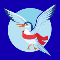 Proud Seagull Mascot Flying Against a Big Blue Circle Background Wearing a Warm Red Scarf Ready to Brave the Ocean Winds
