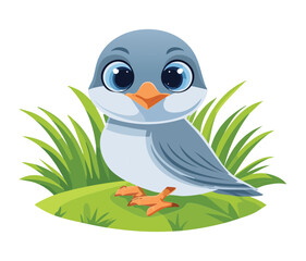 Adorable Little Blue Bird Mascot Sitting Calmly in the Tall Green Grass of a Meadow or Garden on a Sunny Day