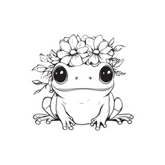 Cute Frog with Flower Crown | Kawaii Floral Animal Line Art