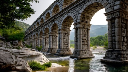 Obraz premium Impressive ancient roman aqueduct with massive stone arches, spanning over a shallow river with rocky banks and green trees in the background under a bright sky