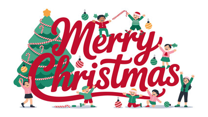 Merry Christmas Greetings: A vibrant seasonal greeting, spreading holiday cheer and warmth featuring a festive Christmas tree and joyful children.