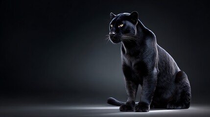 A striking black panther is captured in a dramatic pose against a dark, atmospheric backdrop, its golden eyes shining with an intense, captivating glow, embodying primal energy