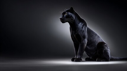 A powerful black panther is showcased in a dimly lit setting, its silhouette defined by a subtle rim light, with its focused gaze conveying a sense of untamed wildness and profound strength