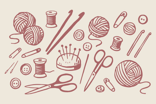 Knitting and sewing tools doodle line set vector illustration