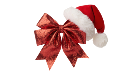 Festive red bow and santa hat for christmas celebrations isolated on transparent background