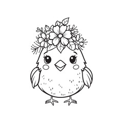 Cute Kawaii Bird with Flower Crown | Adorable Floral Animal Line Art