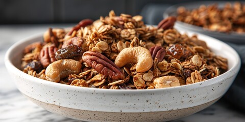 Obraz premium Delicious homemade granola packed with nuts and dried fruit, a healthy breakfast delight.