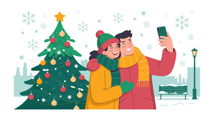 Winter Selfie: A joyous couple captures a winter memory, standing side-by-side with a decorated tree. amidst falling snowflakes, celebrating the festive spirit with a cheerful embrace.