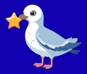 Vector illustration of a gray seabird animal holding a golden star in its beak, against a deep blue background, symbolizing achievement or hope