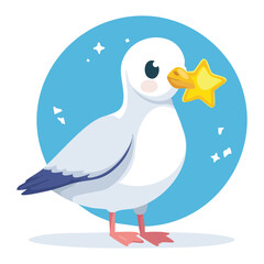 Charming vector illustration of a white and gray seabird animal holding a shining yellow star, set against a bright blue sky with sparkling snowflakes