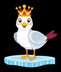 Regal illustration of a white seagull animal wearing a beautiful golden crown, standing on ice against a black background, emphasizing royalty vector