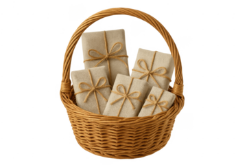 Wicker basket holding rustic wrapped gift boxes