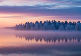 Fototapeta premium Ethereal winter morning with frost-covered trees reflected in a misty, calm river