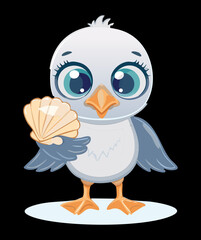 Cheerful illustration of a small gray seabird animal with large eyes, holding a seashell against a dark background, perfect for nautical themes vector