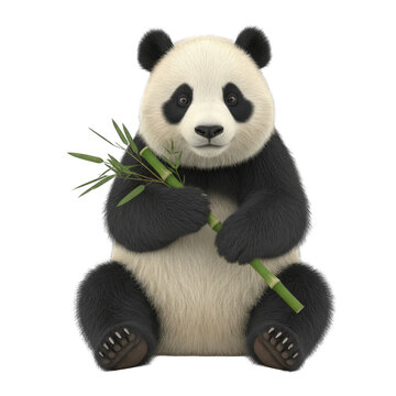 Fluffy Giant Panda Sitting Holding Bamboo Sprouts Isolated On Transparent Background Realistic 3D Render