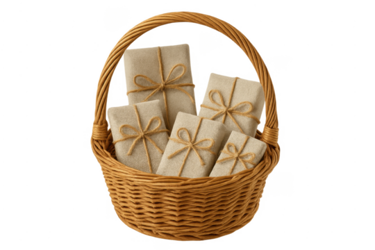 Wicker basket holding rustic wrapped gift boxes