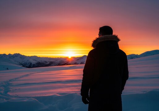 A person watches a brilliant orange and red winter sunset over snow-covered mountains