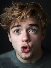 Portrait of a young man with striking blue eyes making a surprised expression at the camera.