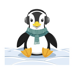 Cute cartoon vector illustration of a penguin animal sitting down on a piece of ice, wearing a striped scarf and large winter earmuffs/headphones