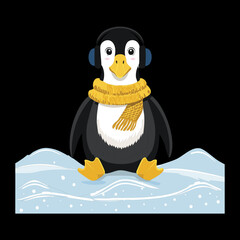 Adorable illustration of a penguin animal sitting on ice, wearing a yellow scarf and earmuffs/headphones, listening to music or staying warm vector