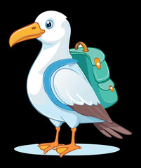 Whimsical illustration of a white seagull animal with a blue backpack, wearing yellow and blue trekking boots, ready for a marine hiking adventure vector