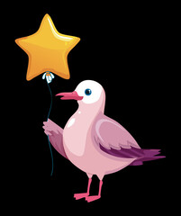 Sweet cartoon illustration of a cute seabird animal holding a golden star-shaped helium balloon, wearing a soft pink vest and a cheerful expression vector
