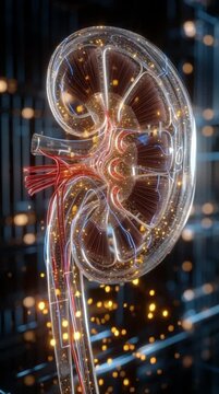 3D render of a kidney with glowing particles showing internal anatomy