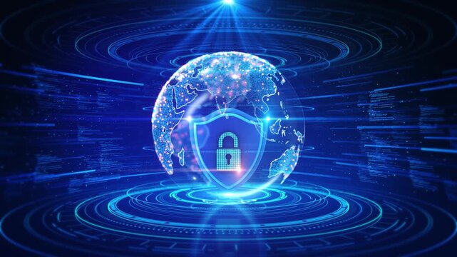 Secure network shield, cybersecurity data protection Cyber Security Protection Abstract Digital Lock Network Data. Beautiful 3d Animation. Blockchain Crypto Currency Global Cybersecurity Business