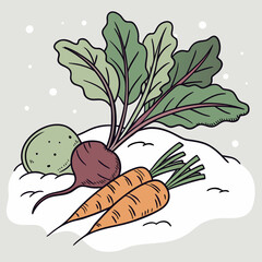 Root Vegetables on Snowy Background