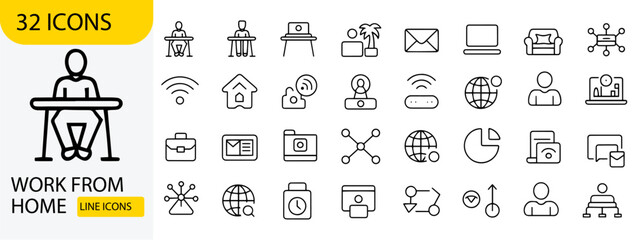 Work from home icon set vector line icons remote office and online business concept for web and mobile design