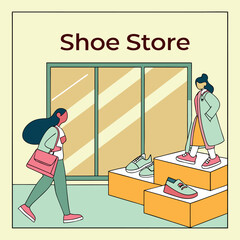 Flat vector illustration of two women shopping in a shoe store. Modern storefront, footwear display, trendy pastel colors, and clean minimal flat design. Perfect for retail banners, e-commerce, marke