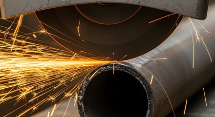 Closeup of a metal pipe being cut by an angle grinder, creating a shower of bright orange sparks in a workshop setting