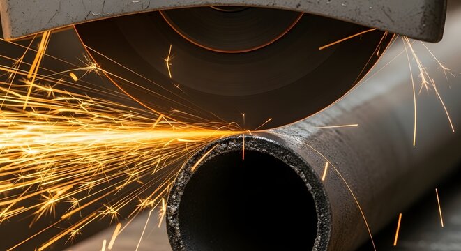 Closeup of a metal pipe being cut by an angle grinder, creating a shower of bright orange sparks in a workshop setting