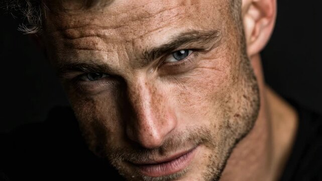 Close-up portrait of a man with intense gaze and chiseled features in a dimly lit setting