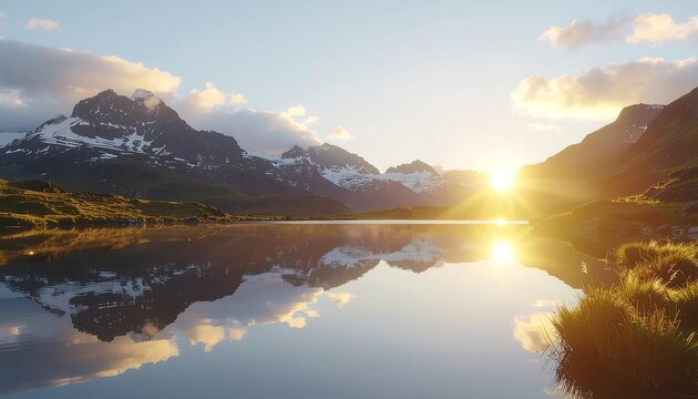 Serene mountain lake at sunrise with sun reflecting on the calm water and snow-capped peaks - Powered by Adobe