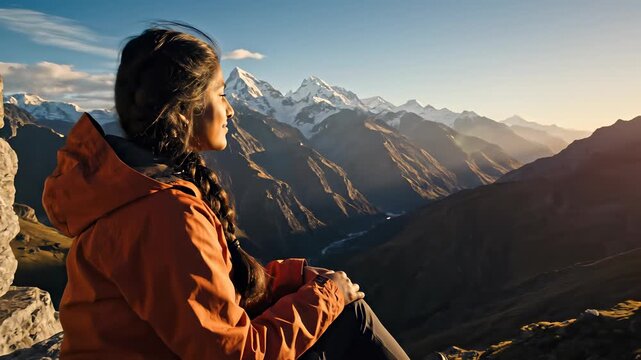 A woman sitting perched atop a rugged rock with a panoramic view of mountains, valleys, and greenery in the background, embodying the concept of bfun a carefree adventurous spirit that craves.