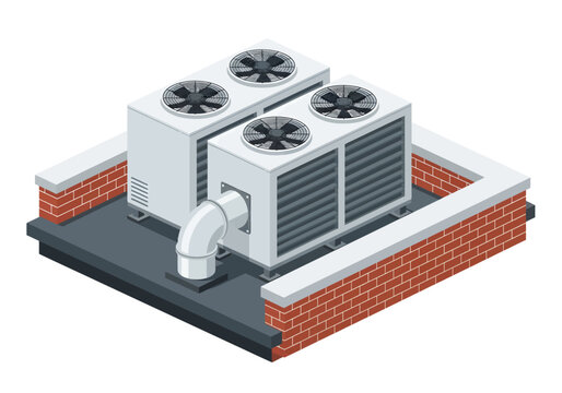A clean isometric illustration depicts a powerful rooftop HVAC system, showing two large air conditioning units with fans and ductwork enclosed by a brick wall