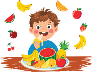 Cute cartoon boy eating banana surrounded by fresh healthy fruits, colorful kids nutrition illustration promoting healthy eating habits and balanced diet