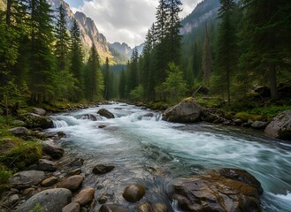 Experience the serene beauty of a wild mountain river flowing through a lush, green forest with dramatic peaks in the background under a cloudy sky.
